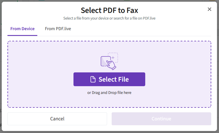 Image showing pdf live studio's fax option with the select file button highlighted