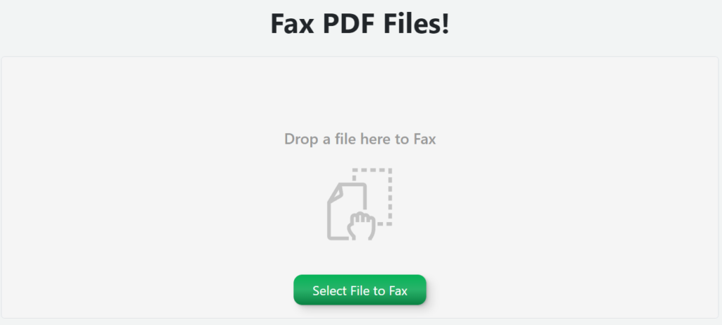 Screenshot showing what PDF Live's fax upload field looks like. Blank field with a green select file to fax button. 
