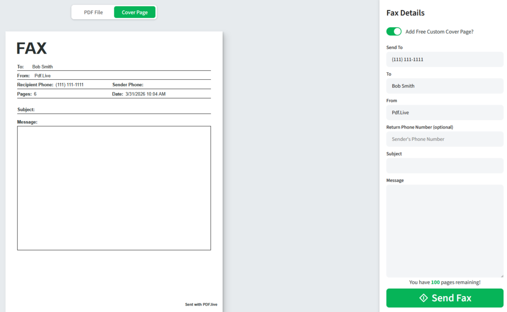 image shows an example of a fax cover letter to bob smith from pdf live