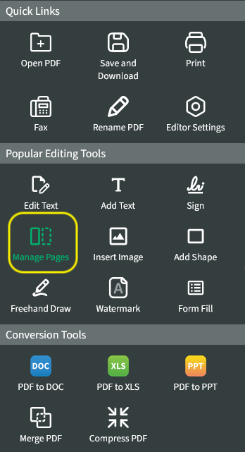 To flip a PDF, go to the PDF editor online and select Manage Pages from inside the Popular Editing Tools panel.