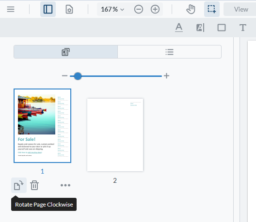 Select a page by clicking once, and then click the rotate button to rotate it 90 degrees clockwise.