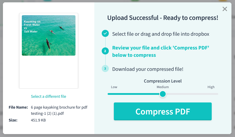 Image showing pdf live's compression tool with the message upload successful and ready to compress. 