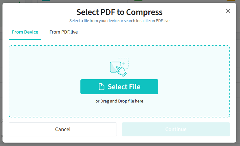 image showing what pdf live studio's compression upload tool looks like. The prompt reads select a file or drag and drop.