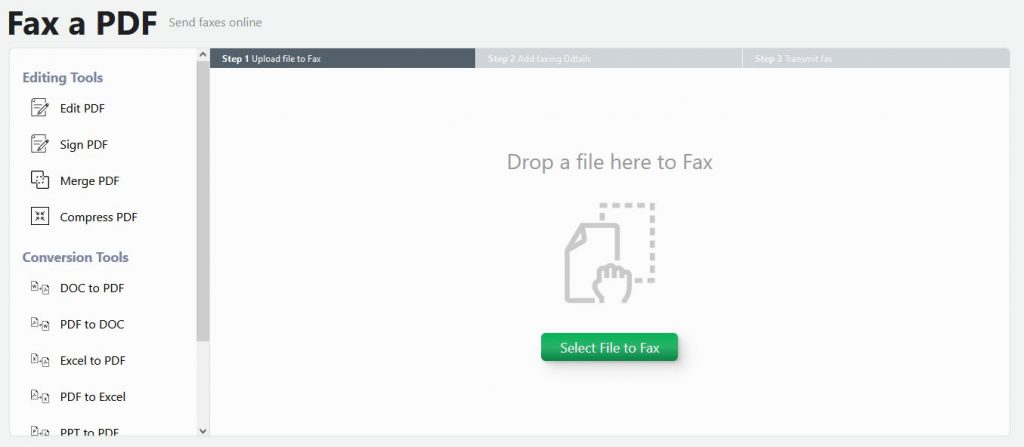 screenshot showing what the upload box looks like to send a fax using pdf live online.