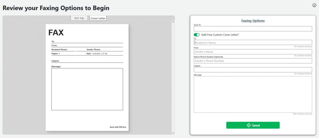 screenshot showing what the fax cover sheet looks like on pdf live.