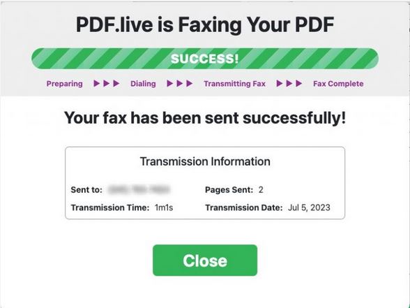 This is what you'll see when you successfully send a fax. It says Your fax has been sent successfully, the confirmation fax number number of pages sent and the transmission date and time
