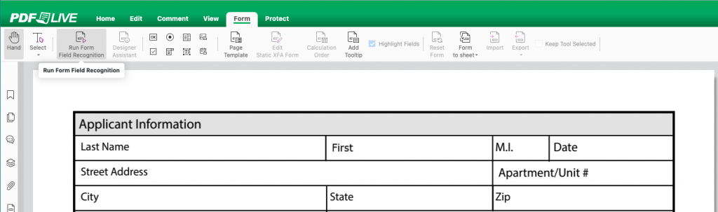 Screen shot showing where to find the Run Form Field Recognition function on PDF Live's PDF editor.