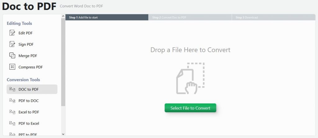 Screenshot of the PDF Live PDF editor. The green button says select file to convert.