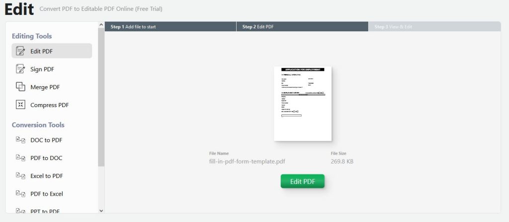 To create a fillable form, upload your PDF to PDF.Live's editor.