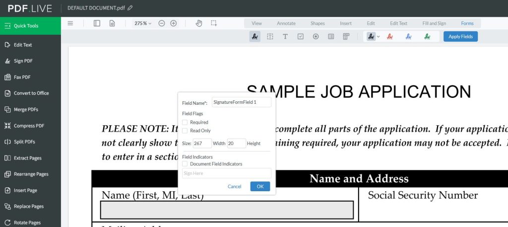 Name the field, change the size and set the field properties