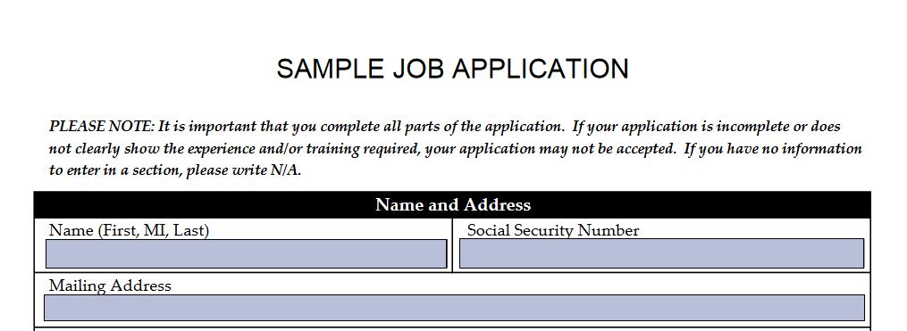 Sample job application shows three fields that are fillable on this PDF