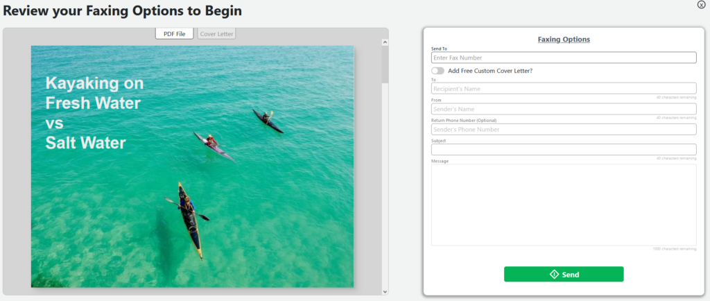 A fax of a kayaking brochure is on the left. A faxing options box is on the right showing fields for recipient information.