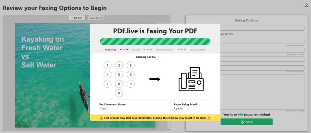 The dialog box indicates PDF.live is sending the fax.