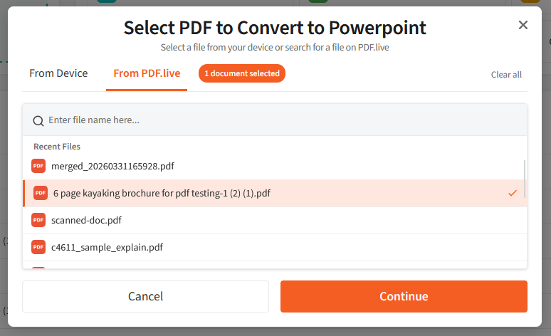 Image showing a button to select a PDF file for conversion to PowerPoint format using pdf live.