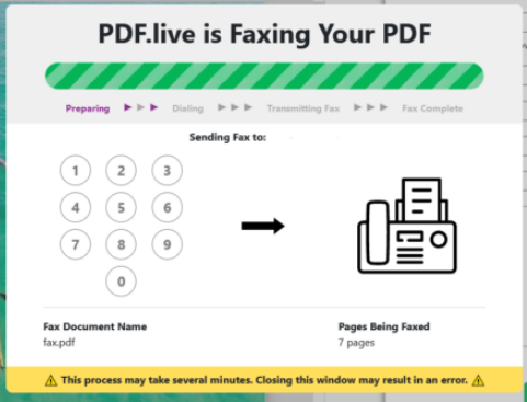 Image showing what it looks like when pdf live is sending a fax. the fax is in process.