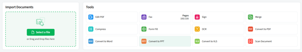 PDF live studio dashboard displaying various button types for user interaction and navigation. COnvert to PPT is selected.