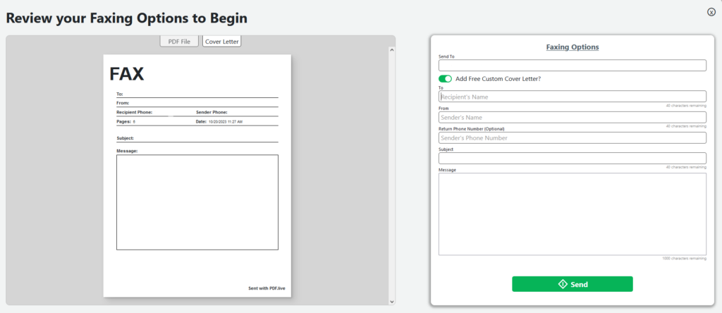 A fax cover sheet is on the left. On the right the Faxing options button is toggled, enabling fields to complete a free fax cover sheet.