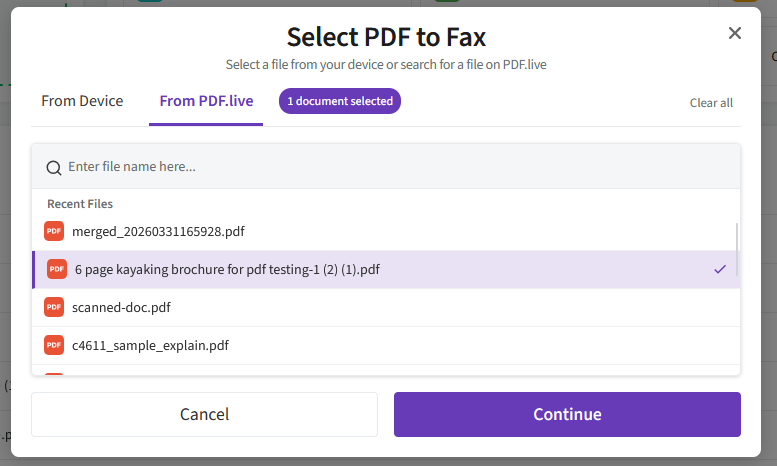 image showing pdf live's online fax tool with one document selected and the continue button ready. 