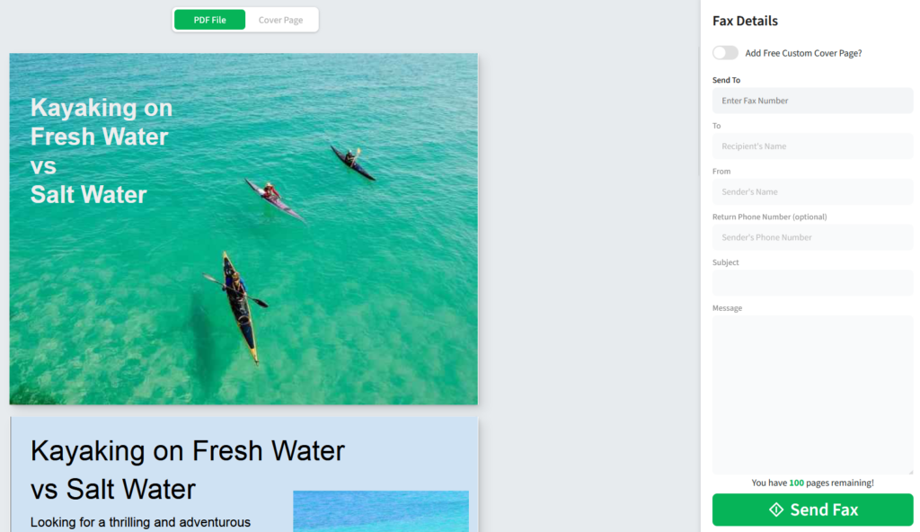 image showing a preview of the colorful kayaking pdf ready to fax and the fax details ready to be completed
