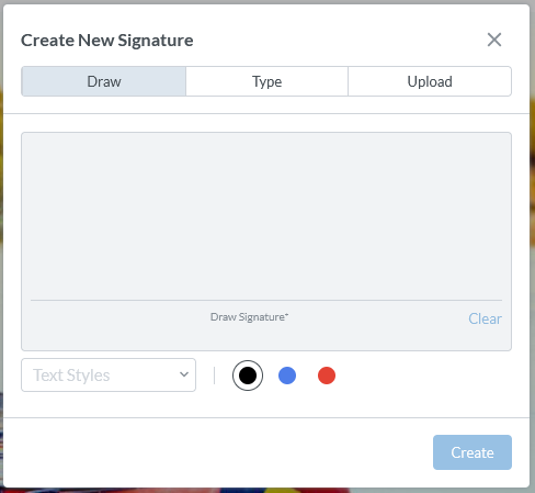 Clicking the Sign option will open the Create New Signature box, which includes ink colors in black, blue and red.