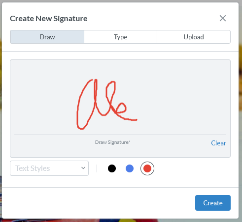 In this example, someone with the initials AK used Create New Signature to draw their initials.