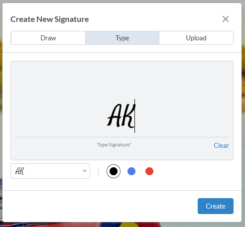 In this example, we used the Type option to type the initials AK in black in the signature box.