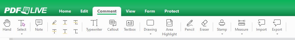 the comment tab is select in pdf live's online pdf editor