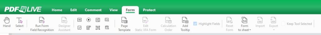 the form tab is selected in pdf live's online pdf editor