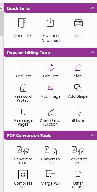 PDF Live's quick links menu shows free options for opening, adding text, adding images and more options for free.