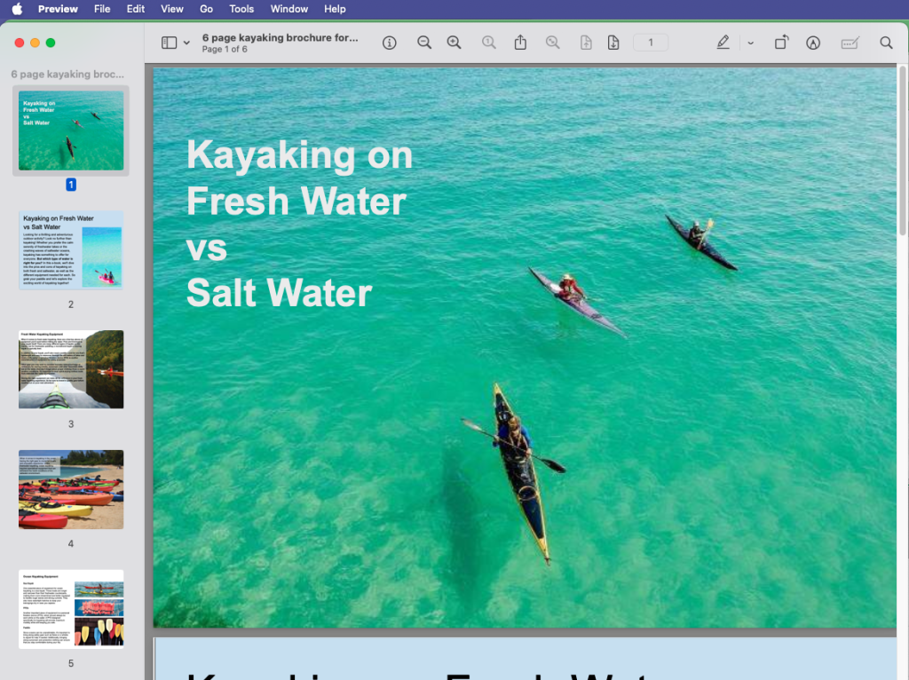 Example of Mac Preview to view a PDF with a brochure about kayaking.