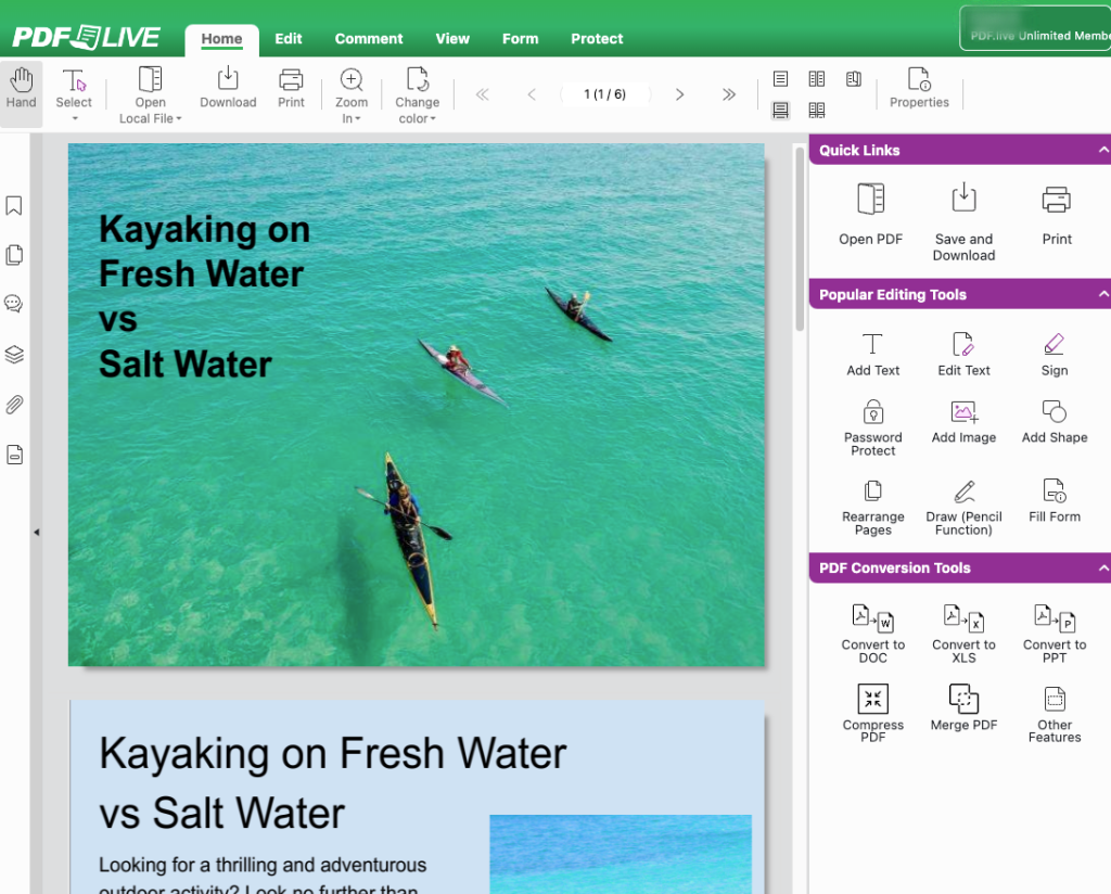 Example of PDF Live's PDF viewer with a pDF about kayaking on fresh water vs satl water.