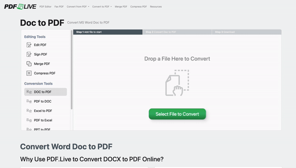 Animated GIF shows how PDF Live makes a DOC into a PDF online by clicking, dragging, pressing the green convert button.