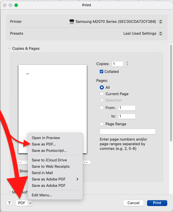 Print box with red arrows pointing to Save as PDF and the PDF option button in the lower left corner of the screen on a Mac.