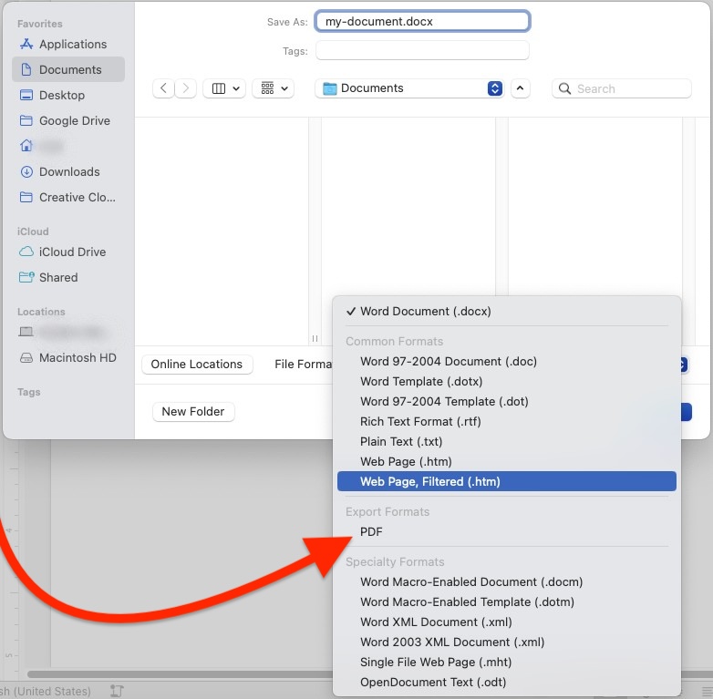 A red arrow points to export formats pdf for a Word document example called my-document