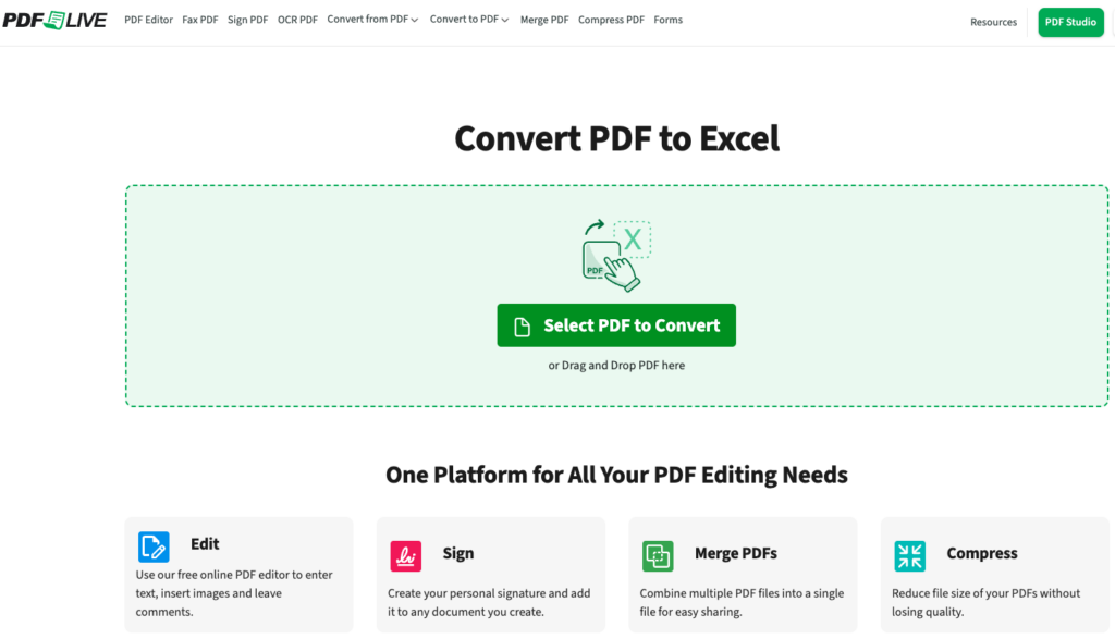 This is what PDF Live's Excel to PDF converting platform looks like.