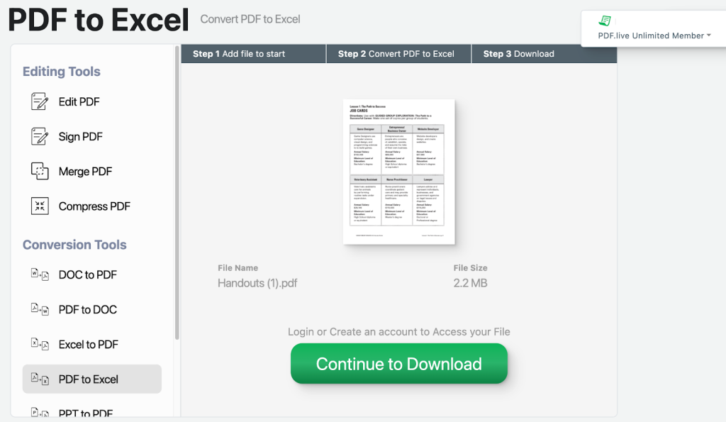 PDF Live's PDF to Excel sheet platform with a PDF ready to convert.