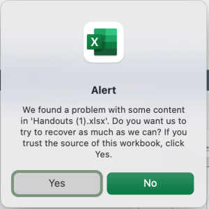 Excel alert that says the program found errors with the sheet and asking if you want Excel to fix them. 