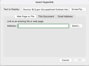 This is what the action box looks like when you select to insert a hyperlink in a spreasheet