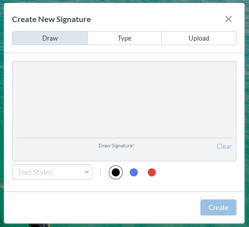 Create new signature, selection option to draw, type or upload a signature. Choose color and text styles.