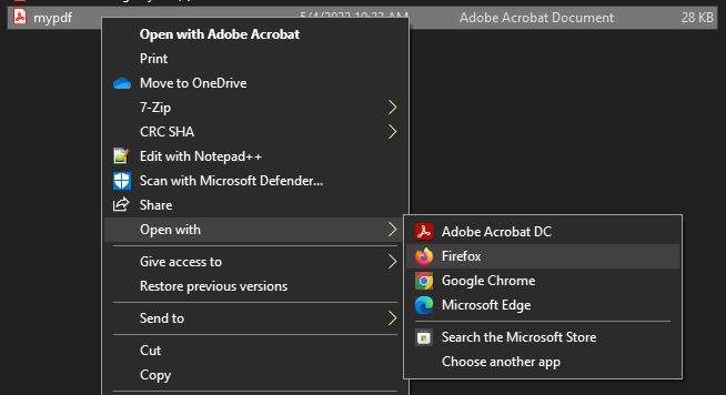 Screenshot showing what a Windows computer looks like when you right click a PDF and select Open With