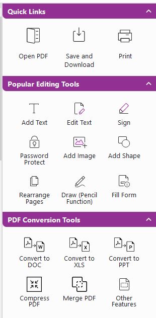 The right panel of PDF Live's quick links includes icons for quick tasks, open PDF, popular editing tools, and pdf conversion tools. 