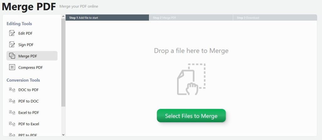 drop a PDF file to merge or select the green button and choose files from your computer