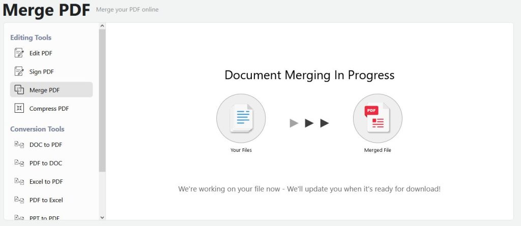 After you select Merge PDF, you'll see the action icons that read Document Merging in Progress.