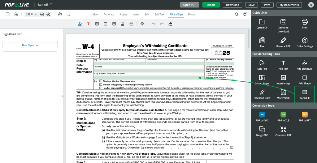 A green arrow from PDF.Live's PDF editor points to fillable forms on an IRS W-4 form.