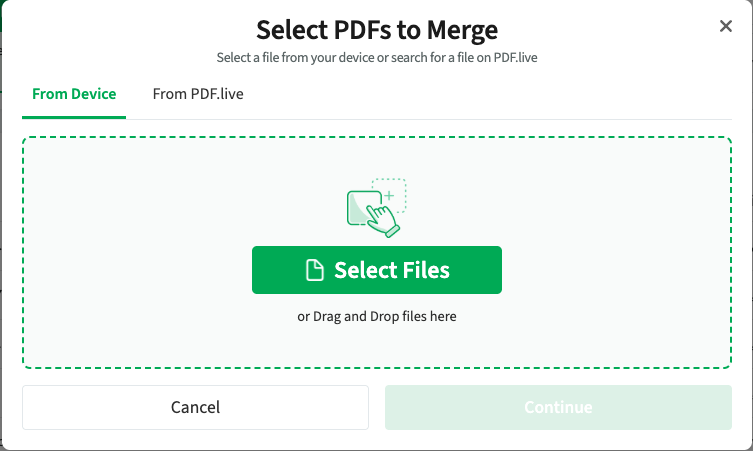 PDF Live's merge tool showing  