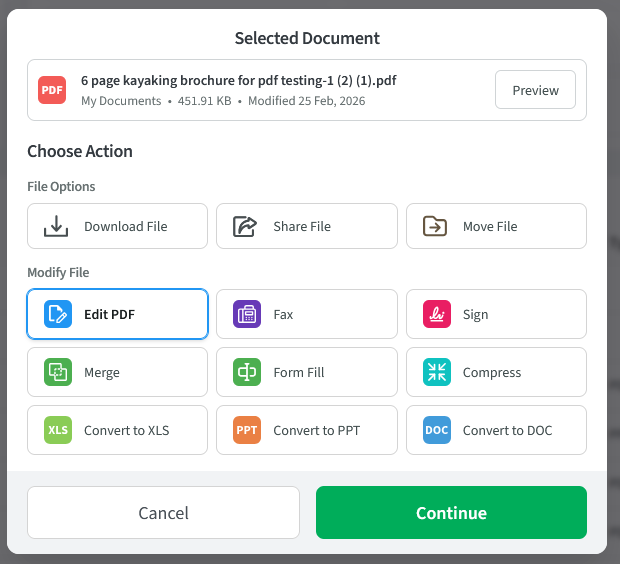Image shoes pdf live studio dashboard. Choose action and Edit PDF is selected. 