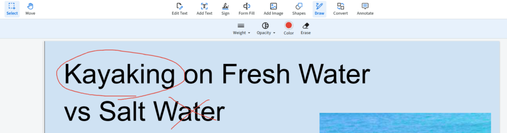 Comparison of kayaking experiences on fresh water and salt water, highlighting differences in scenery and conditions. Text is crossed out.