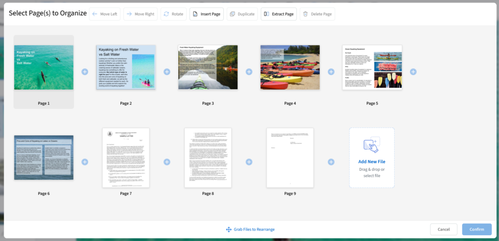 the pdf live studio editor showing the thumbnail view with 9 pages of a pdf and the prompt to select pages to organize.