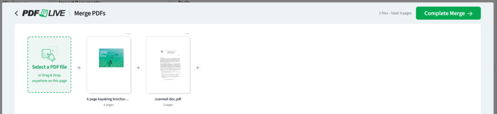 Image showing pdf live's merge tool with two independent files and the prompt to select and complete the merge.
