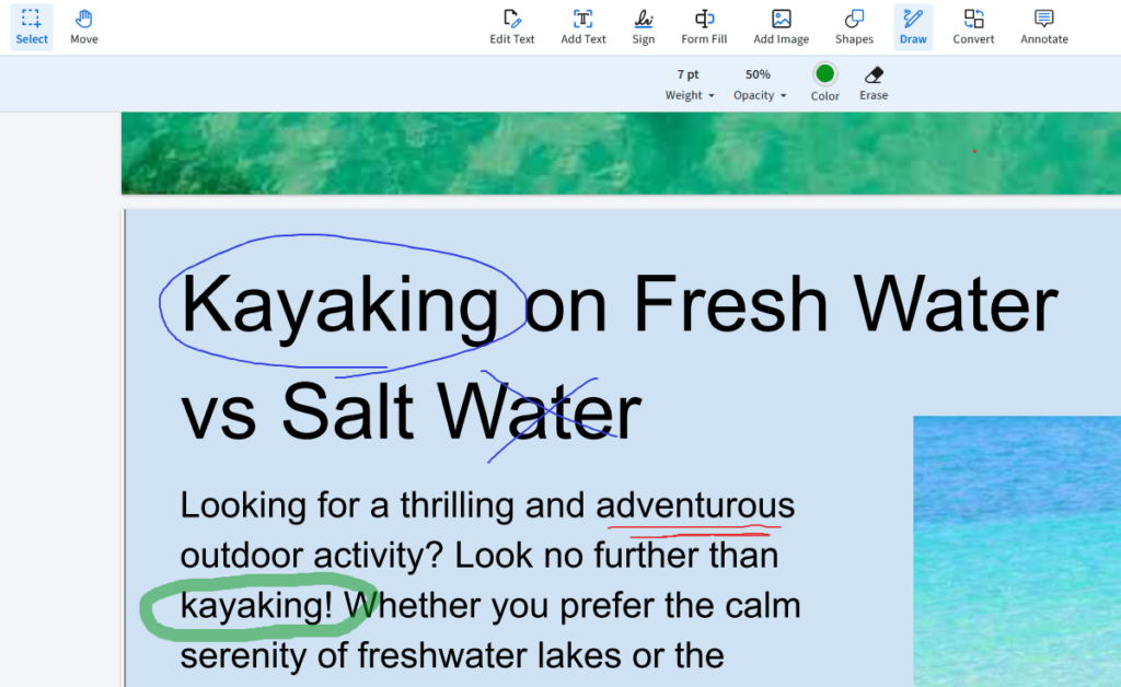 Comparison of kayaking on fresh water versus salt water, highlighting differences in environment and experience. Multiple markup edits have been made.